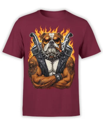 Bulldog biker graphic with sunglasses, cigar, flames, tattoos, and motorcycle pipes on a burgundy T-shirt