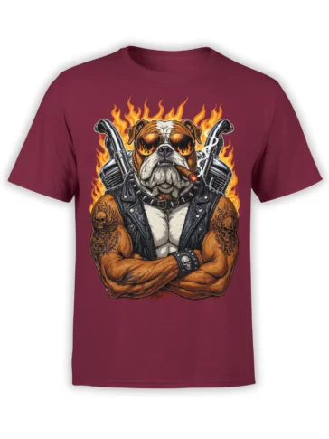 Bulldog biker graphic with sunglasses, cigar, flames, tattoos, and motorcycle pipes on a burgundy T-shirt