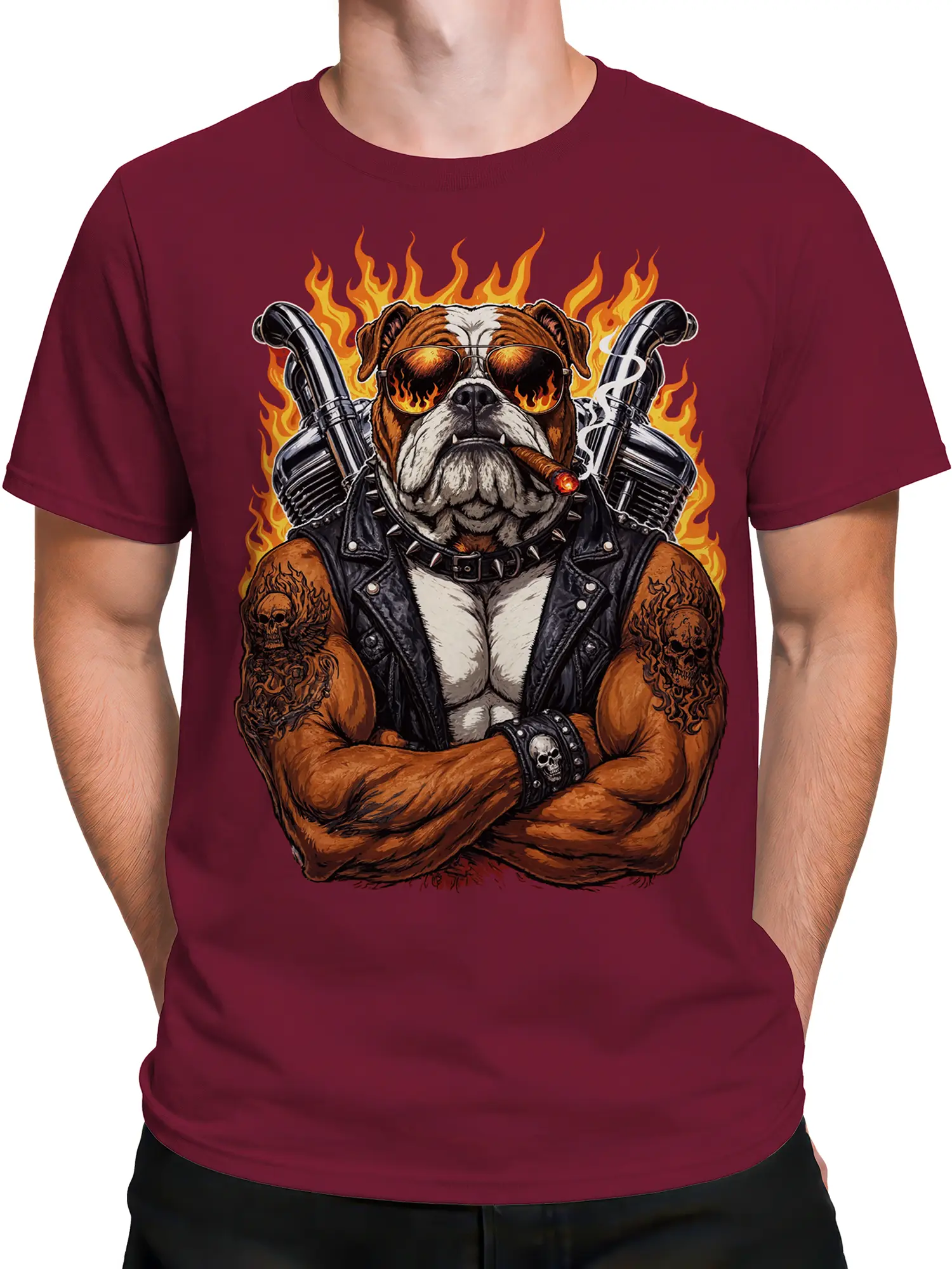 Male torso wearing a burgundy bulldog biker T-shirt with flames, sunglasses, tattoos, and motorcycle details