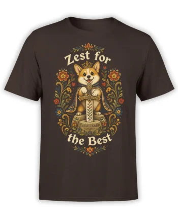 Brown dog T-shirt featuring a cheerful corgi-style warrior with a sword, floral folk art, and “Zest for the Best” lettering