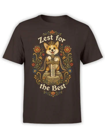 Brown dog T-shirt featuring a cheerful corgi-style warrior with a sword, floral folk art, and “Zest for the Best” lettering