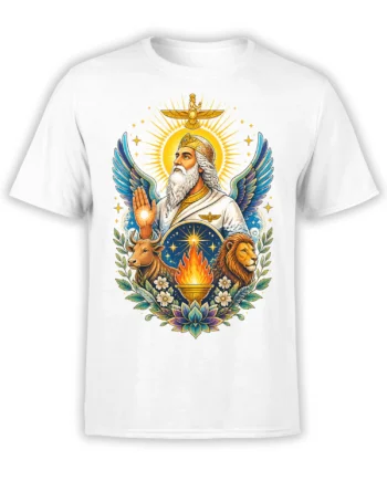 White fantasy T-shirt with a winged guardian, lion, bull, sacred fire, stars, and lotus artwork
