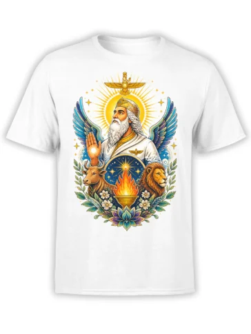 White fantasy T-shirt with a winged guardian, lion, bull, sacred fire, stars, and lotus artwork