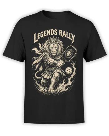 Crowned lion warrior holding a paddle and ball with Legends Rally text on a black T-shirt