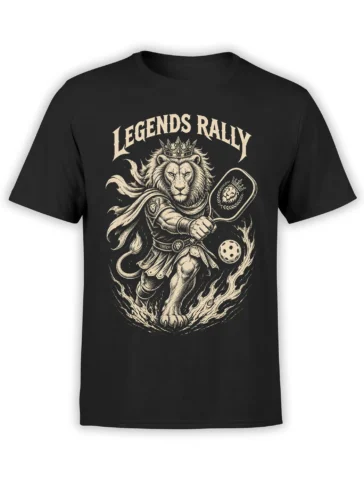 Crowned lion warrior holding a paddle and ball with Legends Rally text on a black T-shirt