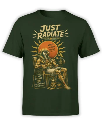 Egyptian-style sun god figure and regal cat graphic with “Just Radiate” text on a dark green T-shirt