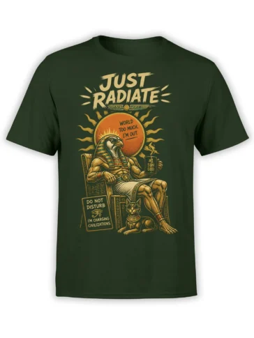 Egyptian-style sun god figure and regal cat graphic with “Just Radiate” text on a dark green T-shirt