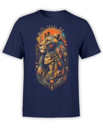 Navy lion and Egyptian queen T-shirt with cobra, ankh, sun disk, and winged scarab symbols