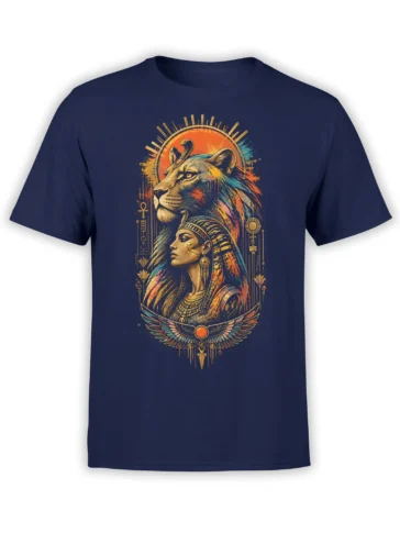 Navy lion and Egyptian queen T-shirt with cobra, ankh, sun disk, and winged scarab symbols