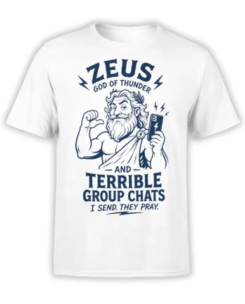 White Zeus mythology T-shirt with navy lightning bolts, smartphone, and terrible group chats slogan