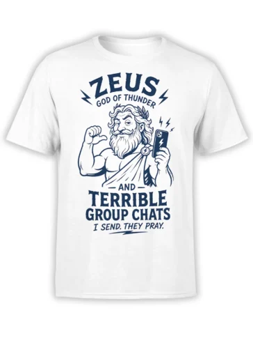 White Zeus mythology T-shirt with navy lightning bolts, smartphone, and terrible group chats slogan
