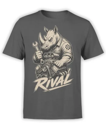 Gray rhino mechanic T-shirt with wrench, machine details, gear emblem, and bold RIVAL lettering