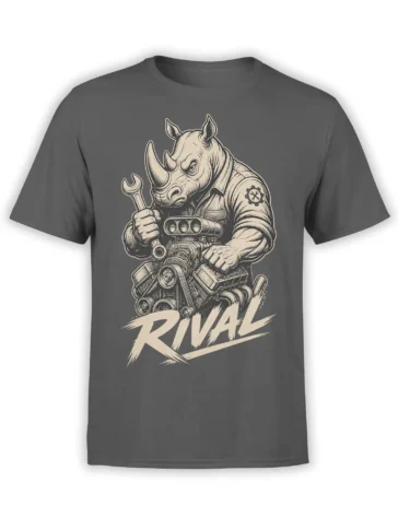Gray rhino mechanic T-shirt with wrench, machine details, gear emblem, and bold RIVAL lettering