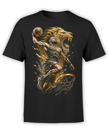 Black basketball T-shirt with a powerful player and roaring lion in bold gold and gray artwork