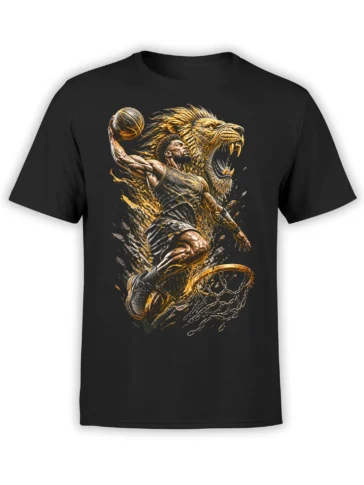 Black basketball T-shirt with a powerful player and roaring lion in bold gold and gray artwork