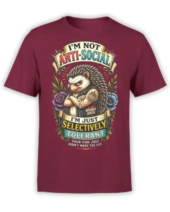 Front view of a burgundy hedgehog T-shirt with punk banners, flowers, and a selective tolerance message