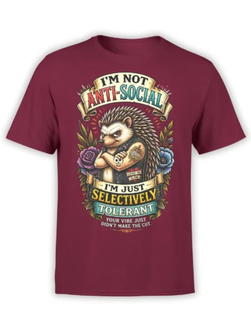 Front view of a burgundy hedgehog T-shirt with punk banners, flowers, and a selective tolerance message