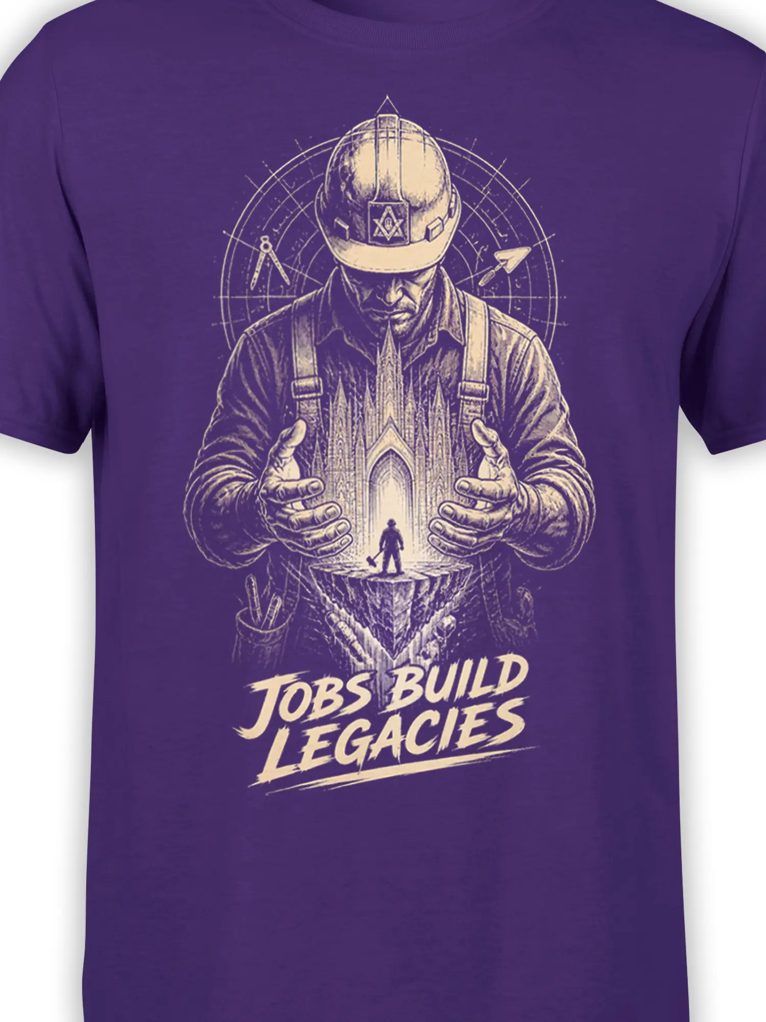 Close-up of the purple construction shirt showing the worker, hard hat, architectural design, and cream lettering