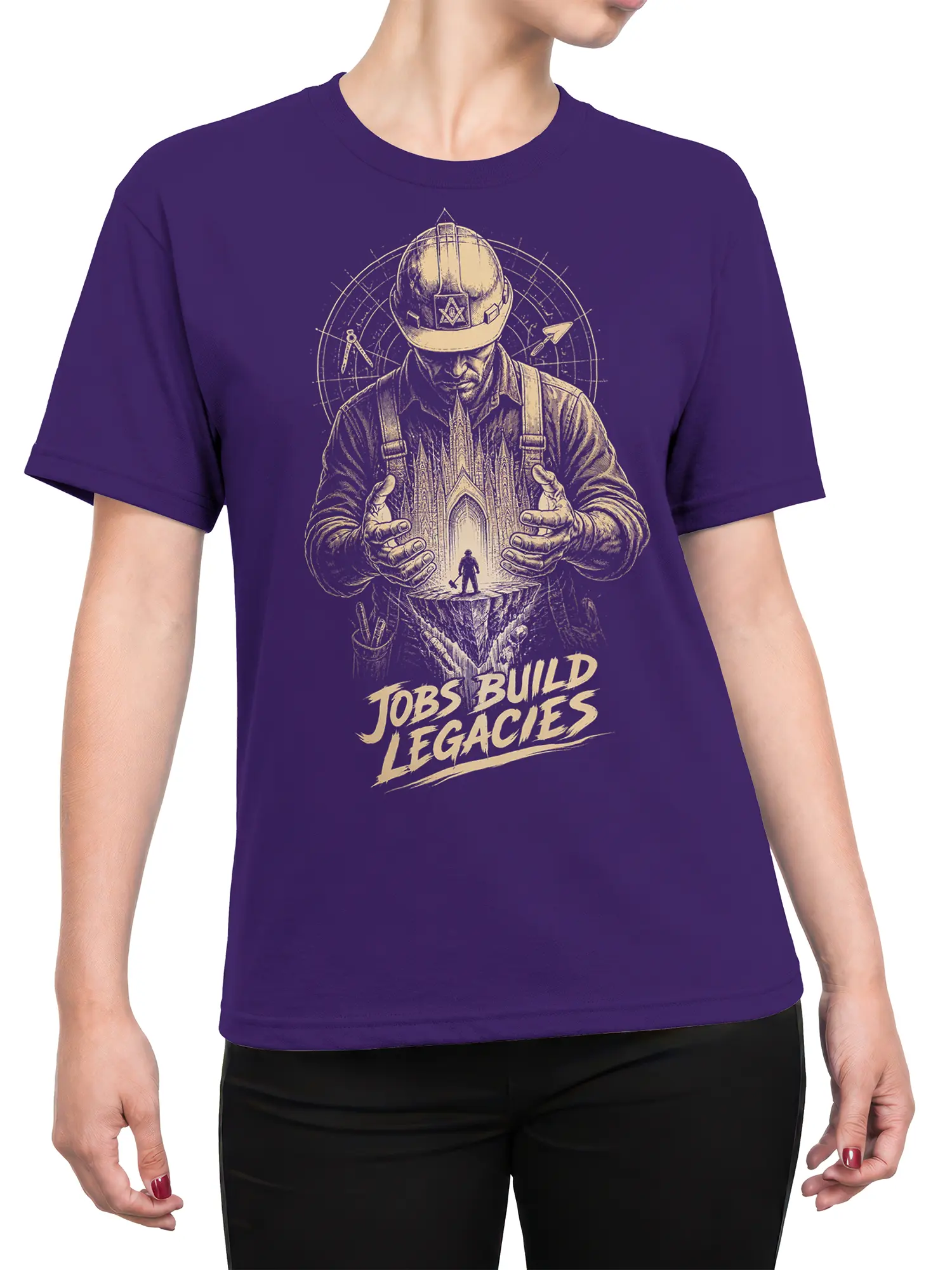 Female torso wearing a purple construction T-shirt with a vintage builder illustration and legacy slogan