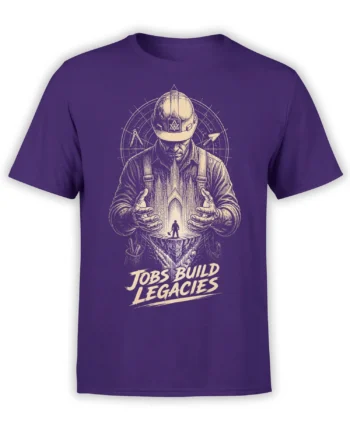 Purple construction t-shirt with vintage worker artwork, architectural details, and “Jobs Build Legacies” lettering