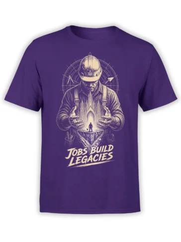 Purple construction t-shirt with vintage worker artwork, architectural details, and “Jobs Build Legacies” lettering