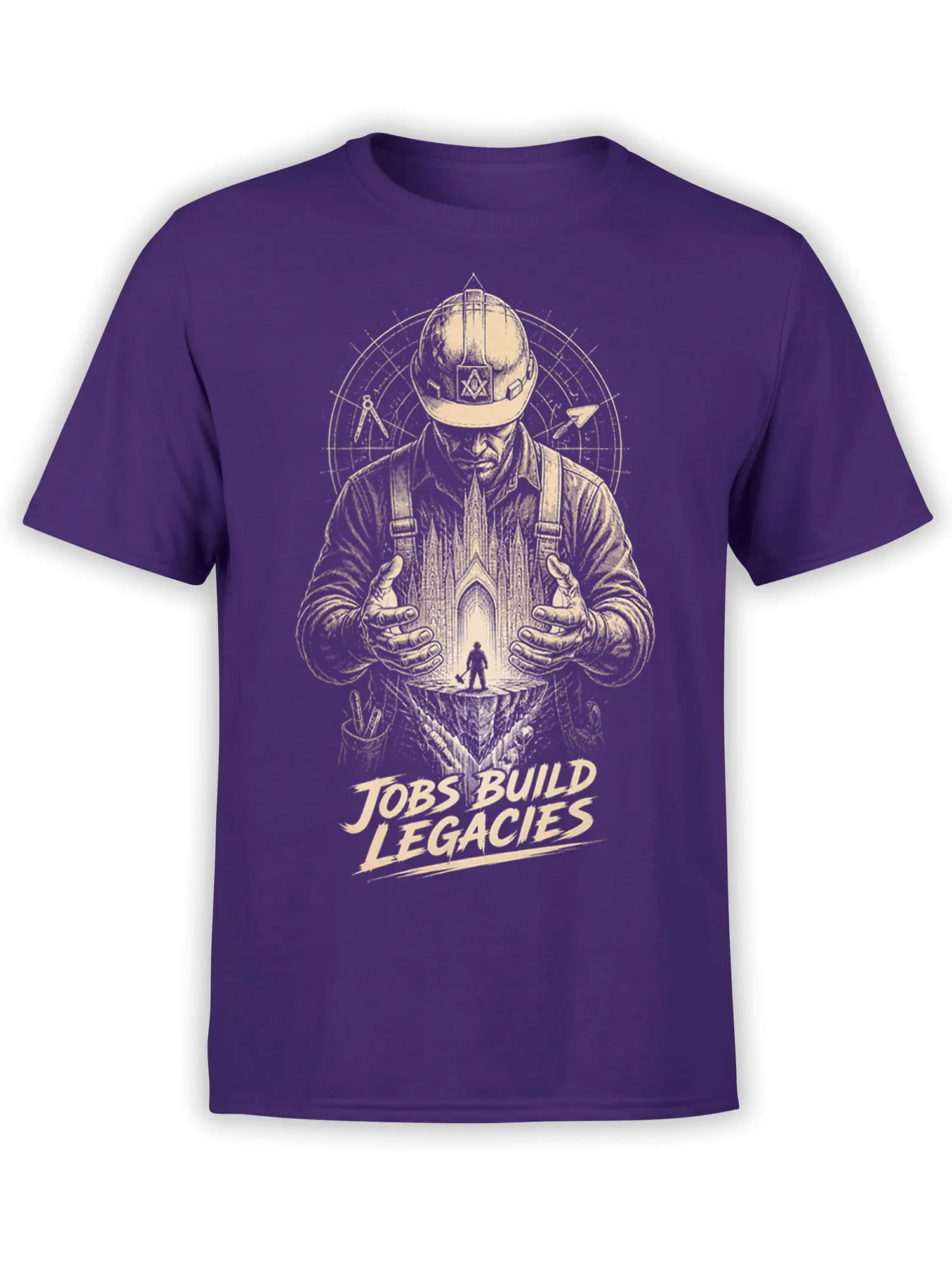 Purple construction t-shirt with vintage worker artwork, architectural details, and “Jobs Build Legacies” lettering