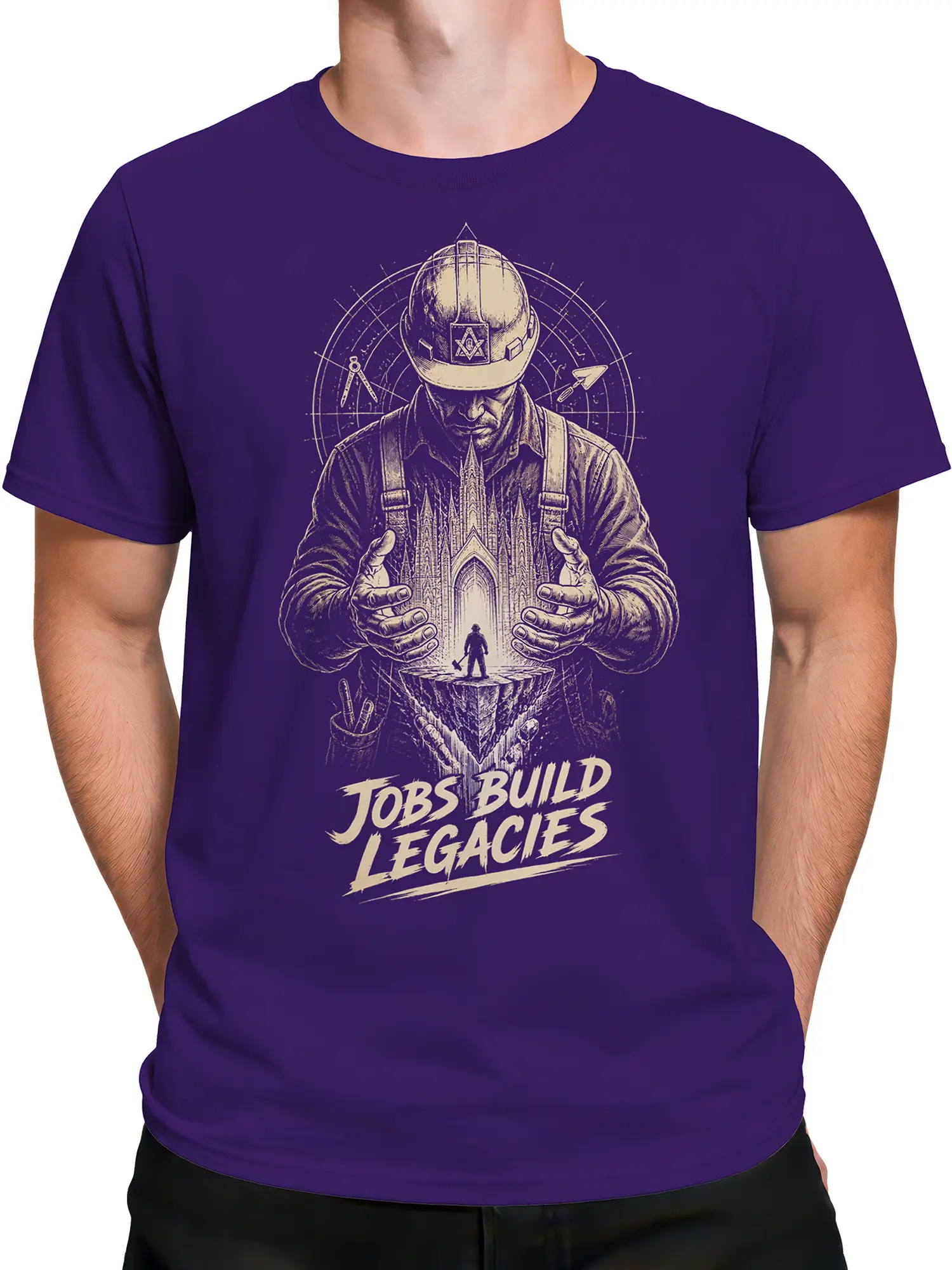 Male torso wearing a purple construction T-shirt with vintage worker artwork and “Jobs Build Legacies” text