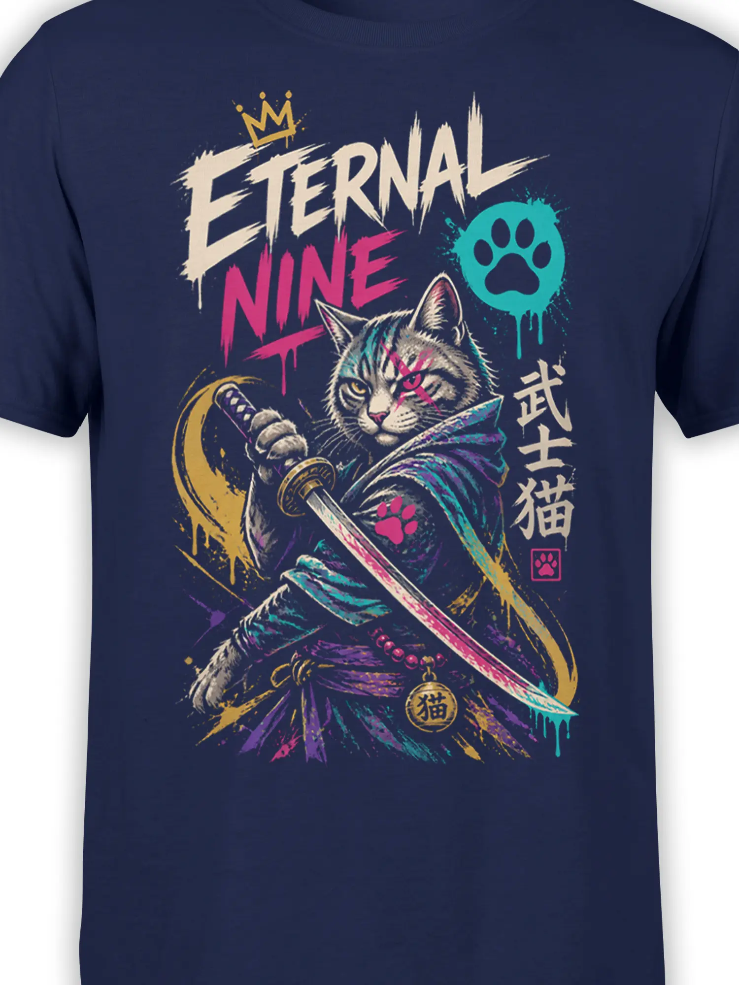 Close-up of crowned gray warrior cat with sword on navy Eternal Nine graphic T-shirt