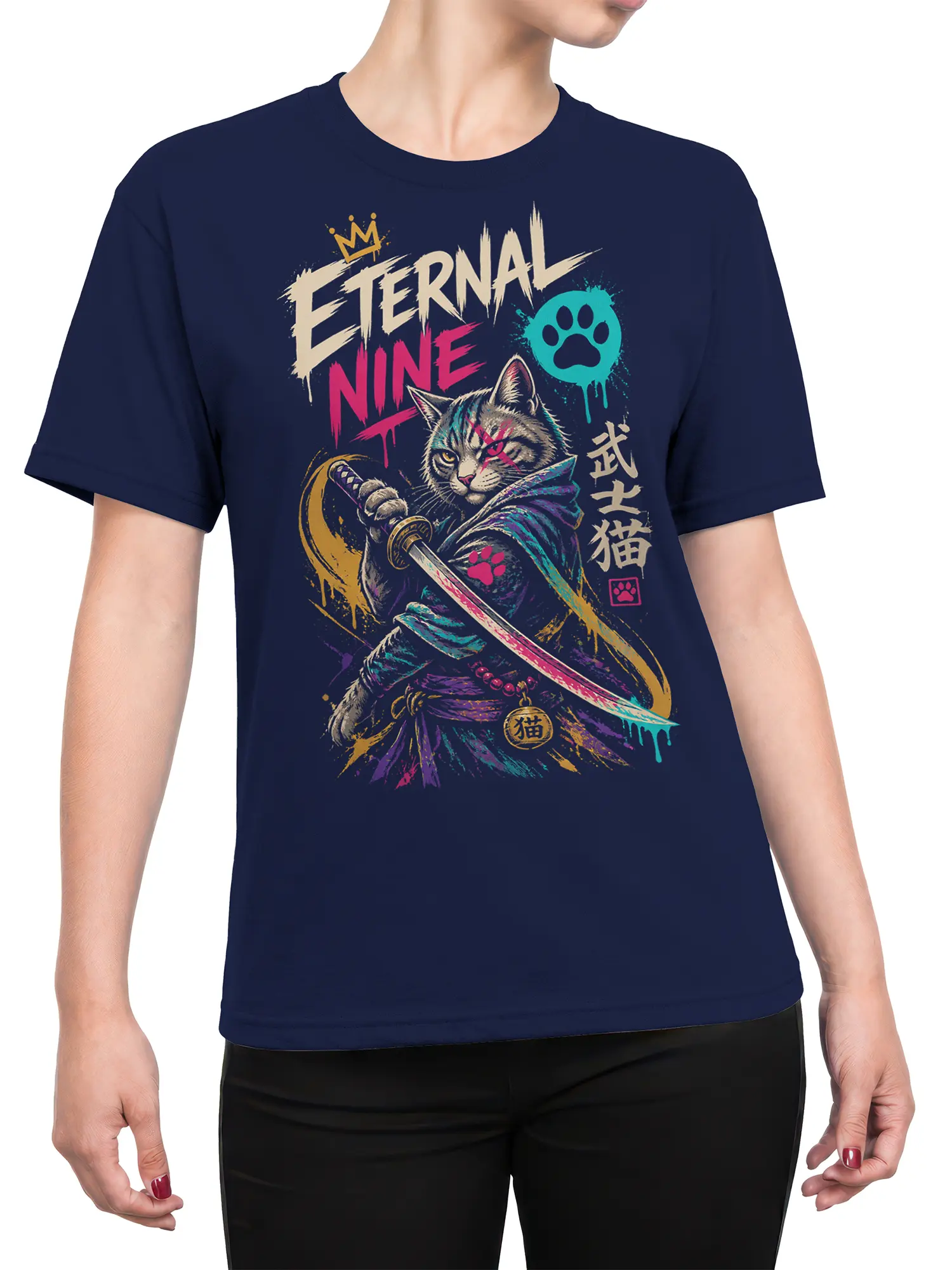 Female torso wearing navy warrior cat T-shirt with colorful Eternal Nine sword artwork