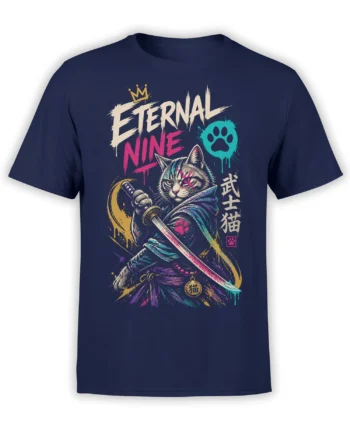 Front view of navy warrior cat T-shirt with crown, sword, paw symbols, and Eternal Nine artwork