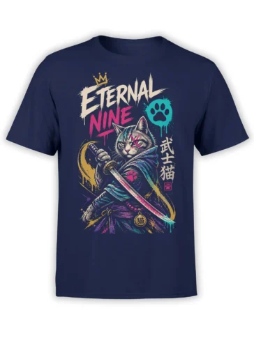 Front view of navy warrior cat T-shirt with crown, sword, paw symbols, and Eternal Nine artwork