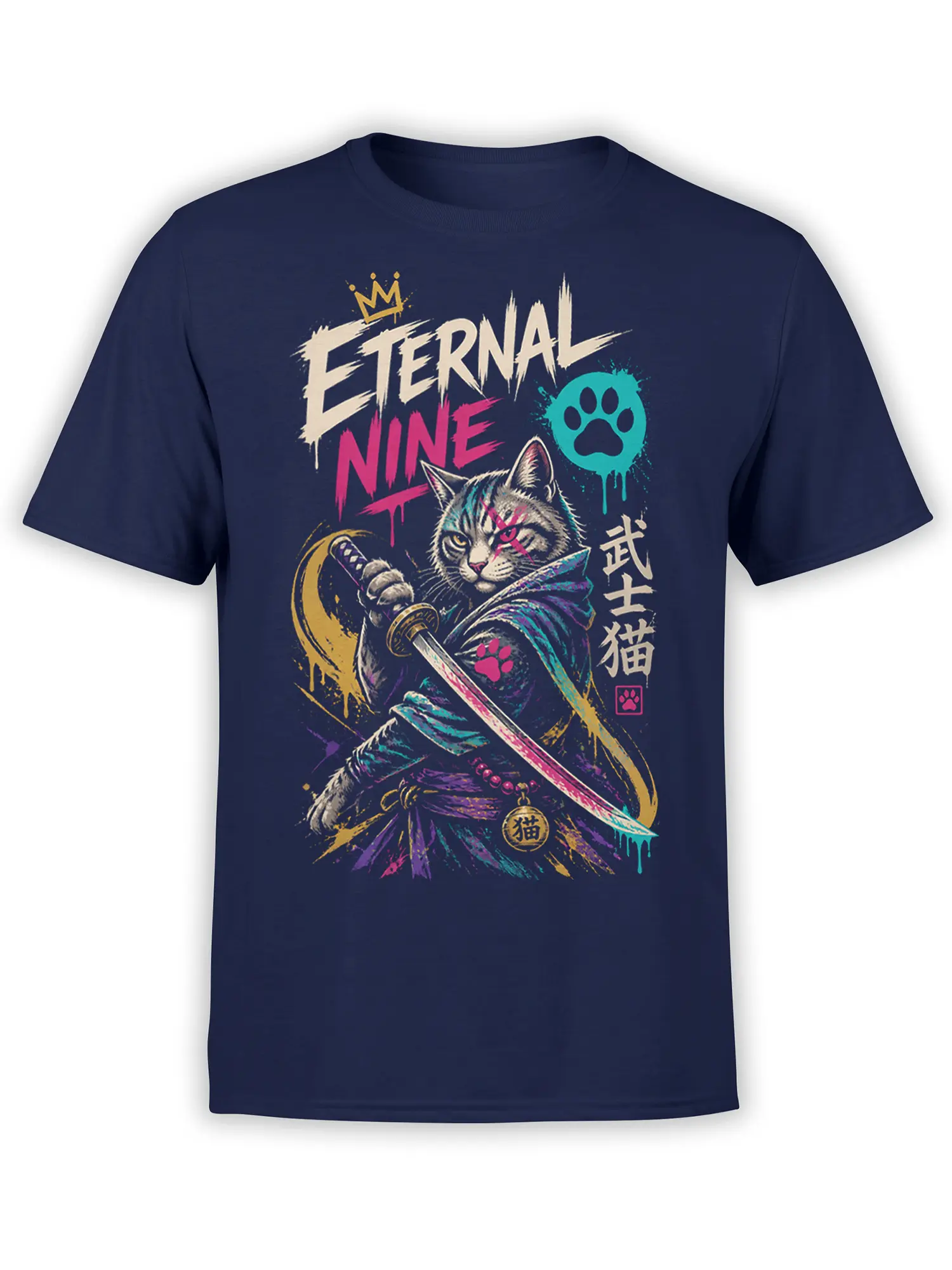 Front view of navy warrior cat T-shirt with crown, sword, paw symbols, and Eternal Nine artwork