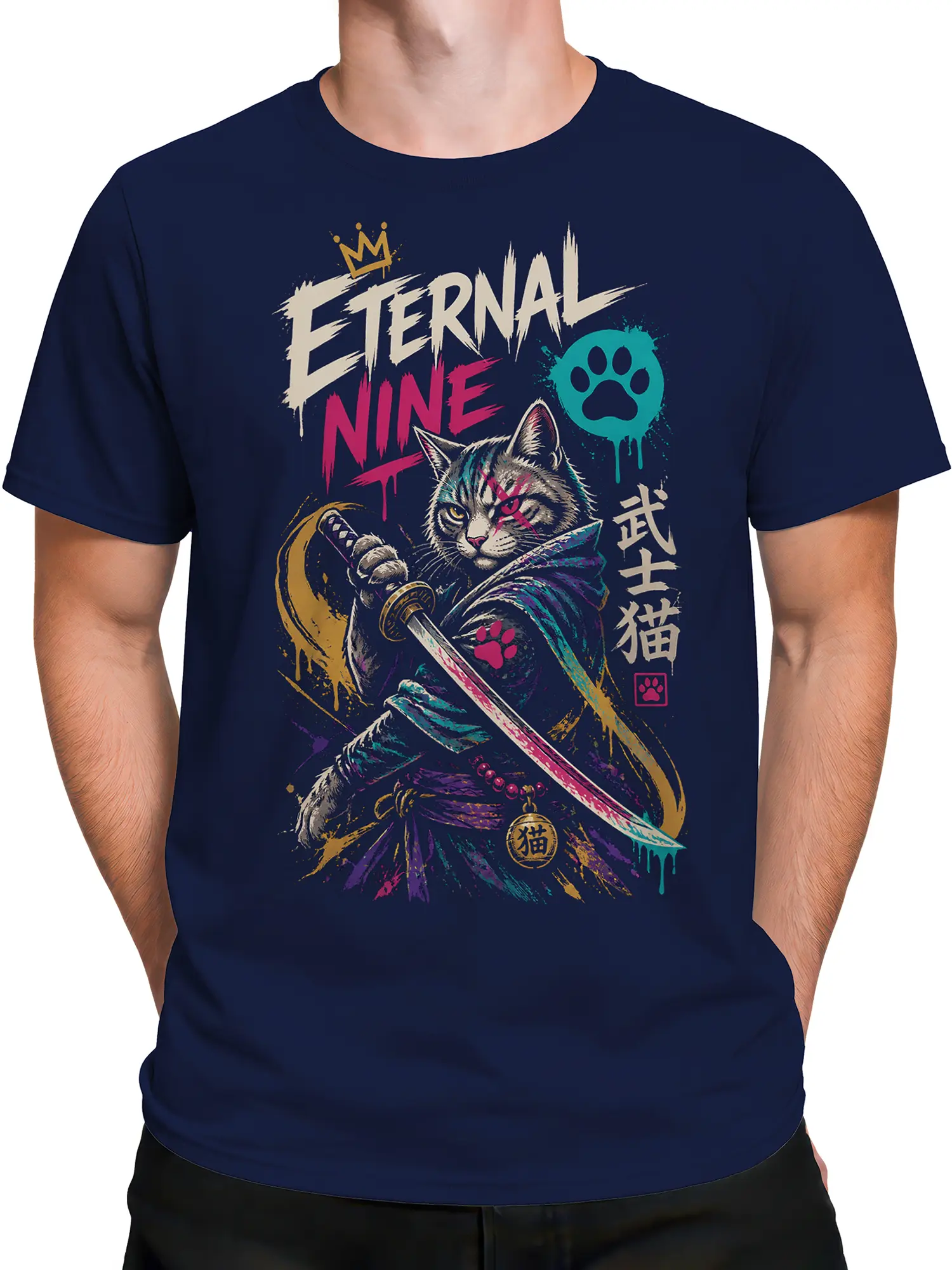 Male torso wearing navy Eternal Nine warrior cat T-shirt with sword graphic