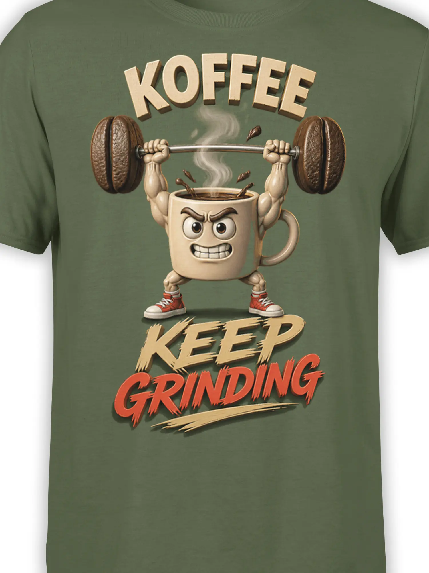 Close-up of muscular coffee mug lifting coffee beans on a green coffee graphic T-shirt