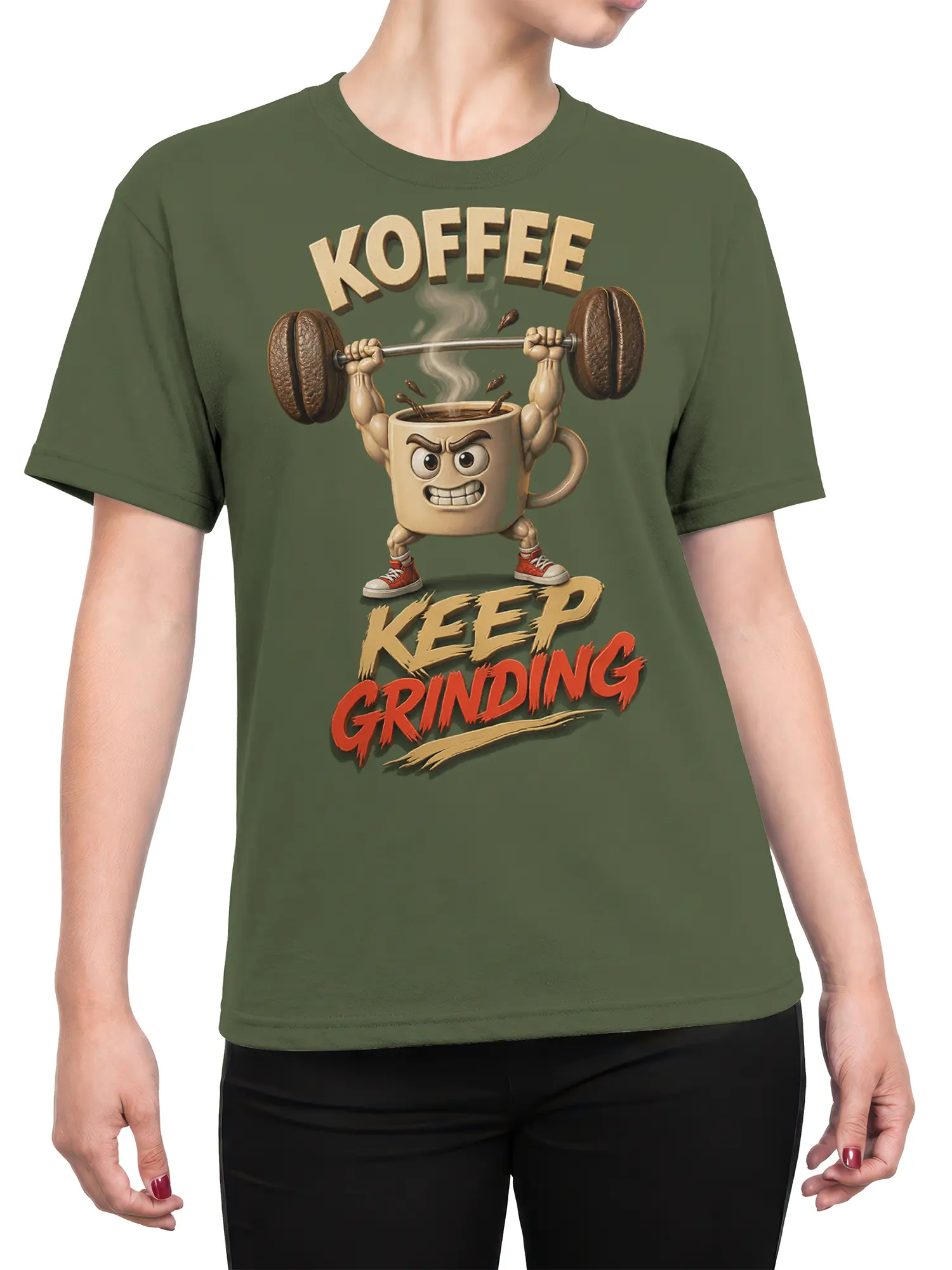 Female torso wearing a green coffee T-shirt with a muscular mug and “KEEP GRINDING” design