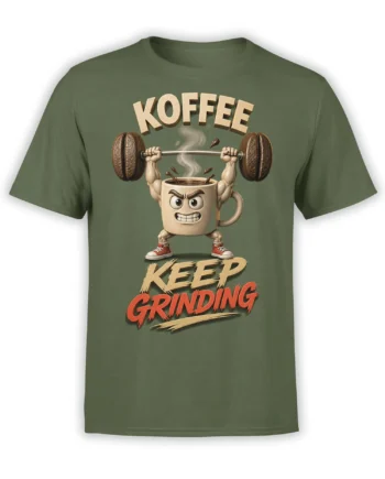 Green coffee T-shirt with a muscular mug lifting a coffee bean barbell and bold “KEEP GRINDING” text