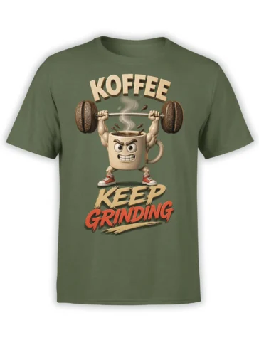 Green coffee T-shirt with a muscular mug lifting a coffee bean barbell and bold “KEEP GRINDING” text