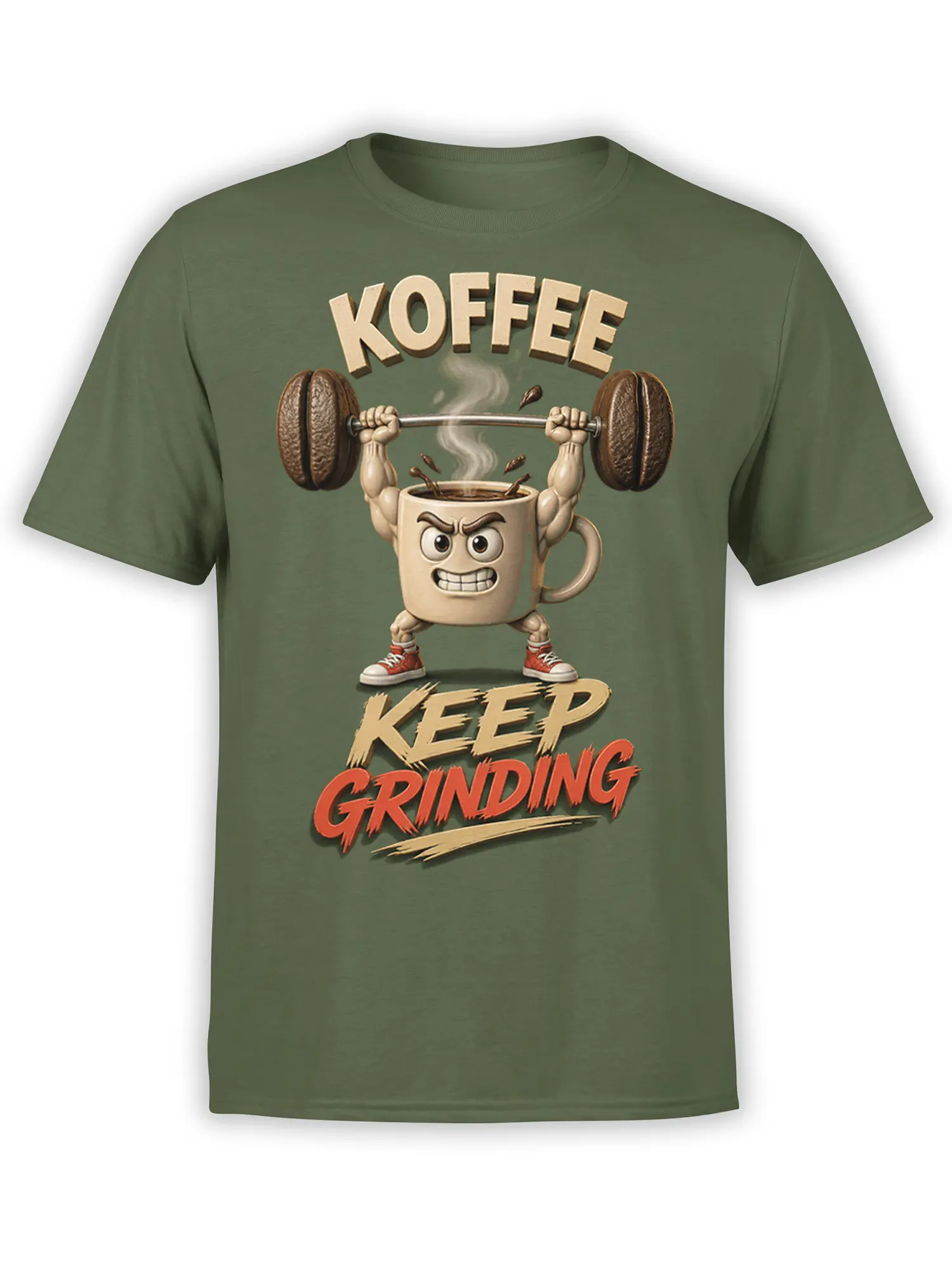 Green coffee T-shirt with a muscular mug lifting a coffee bean barbell and bold “KEEP GRINDING” text