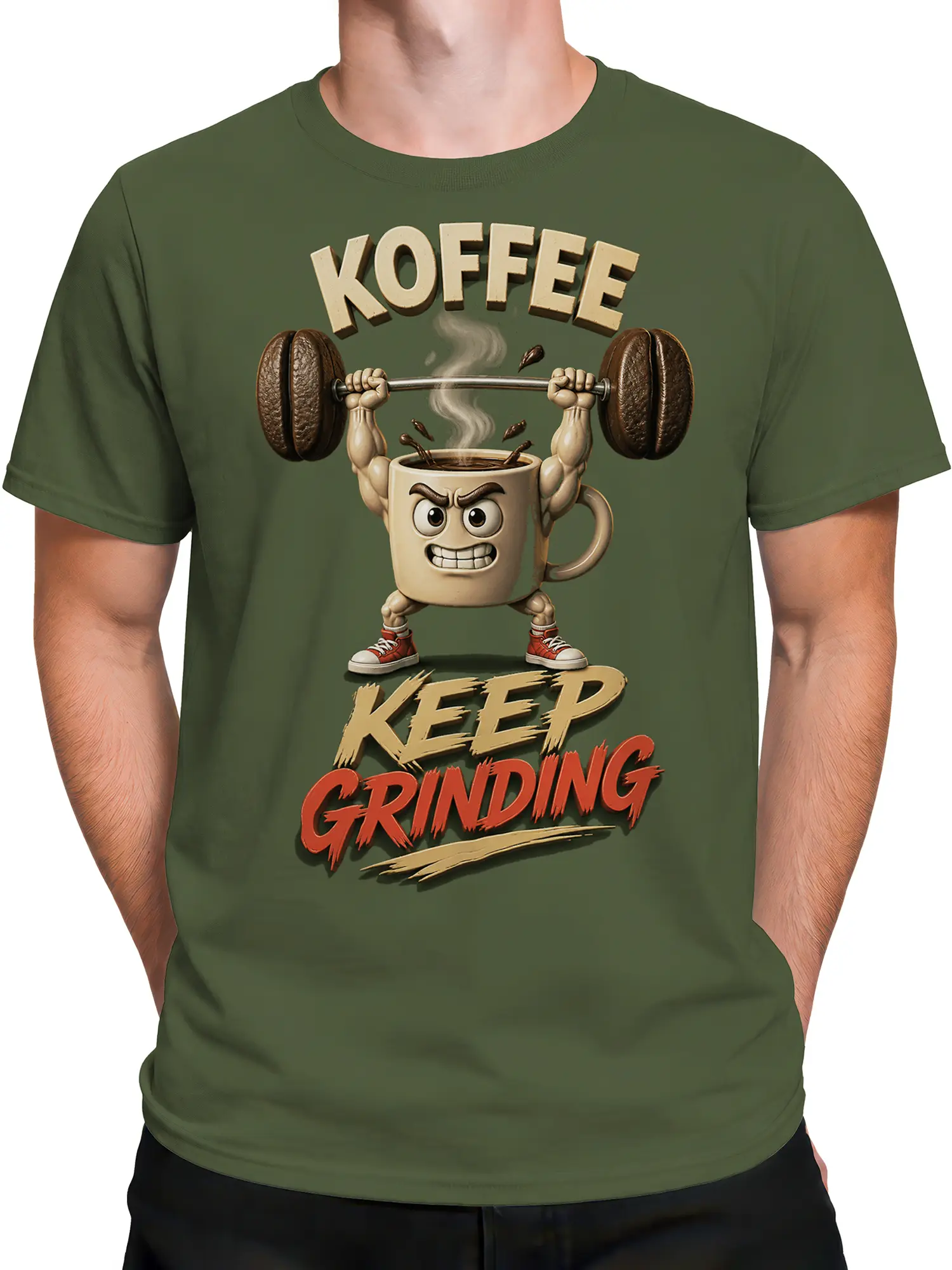 Male torso wearing a green coffee T-shirt with a muscular mug and barbell graphic
