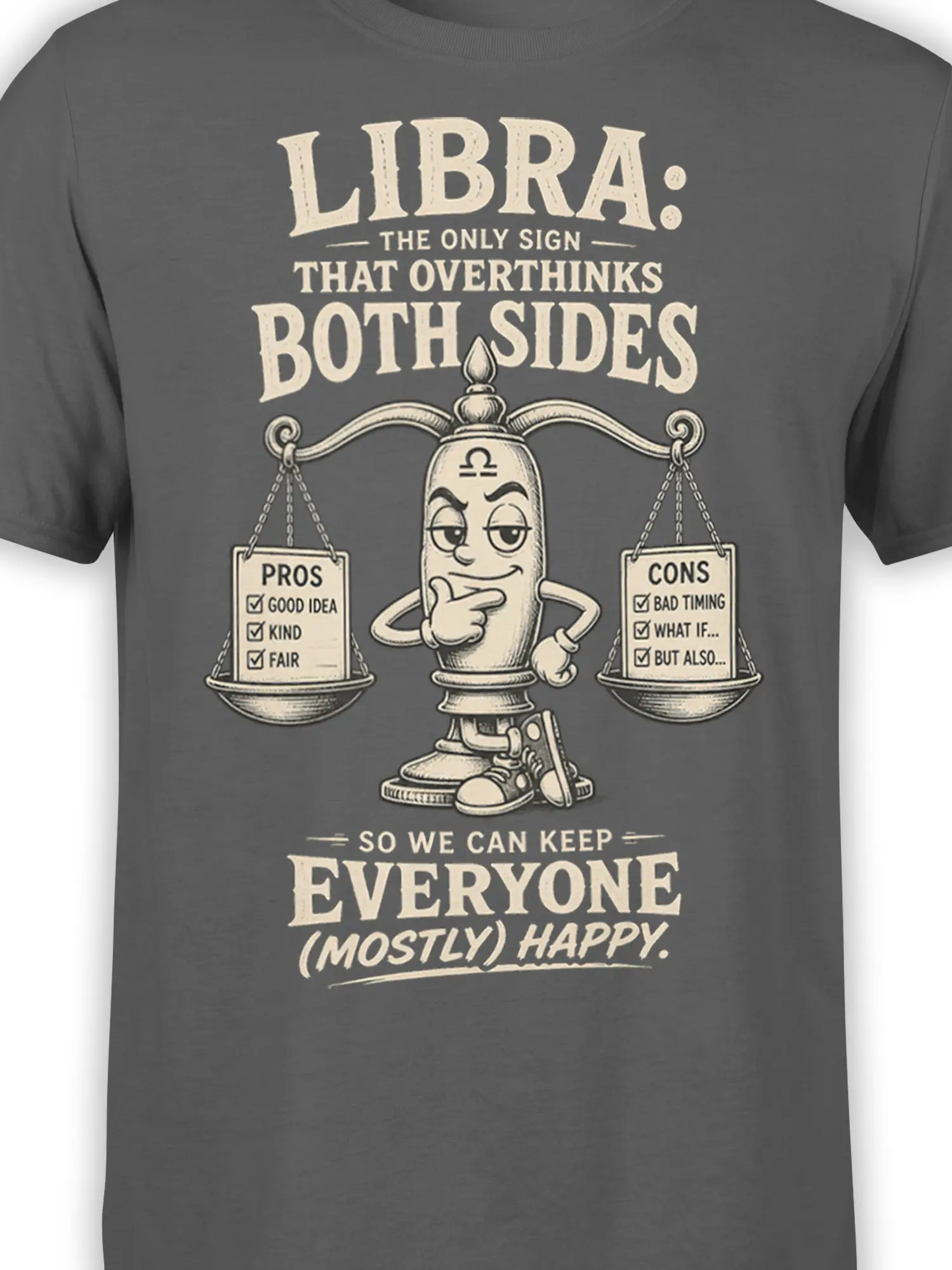Close-up of Libra scales character and pros and cons lists on a gray astrology T-shirt