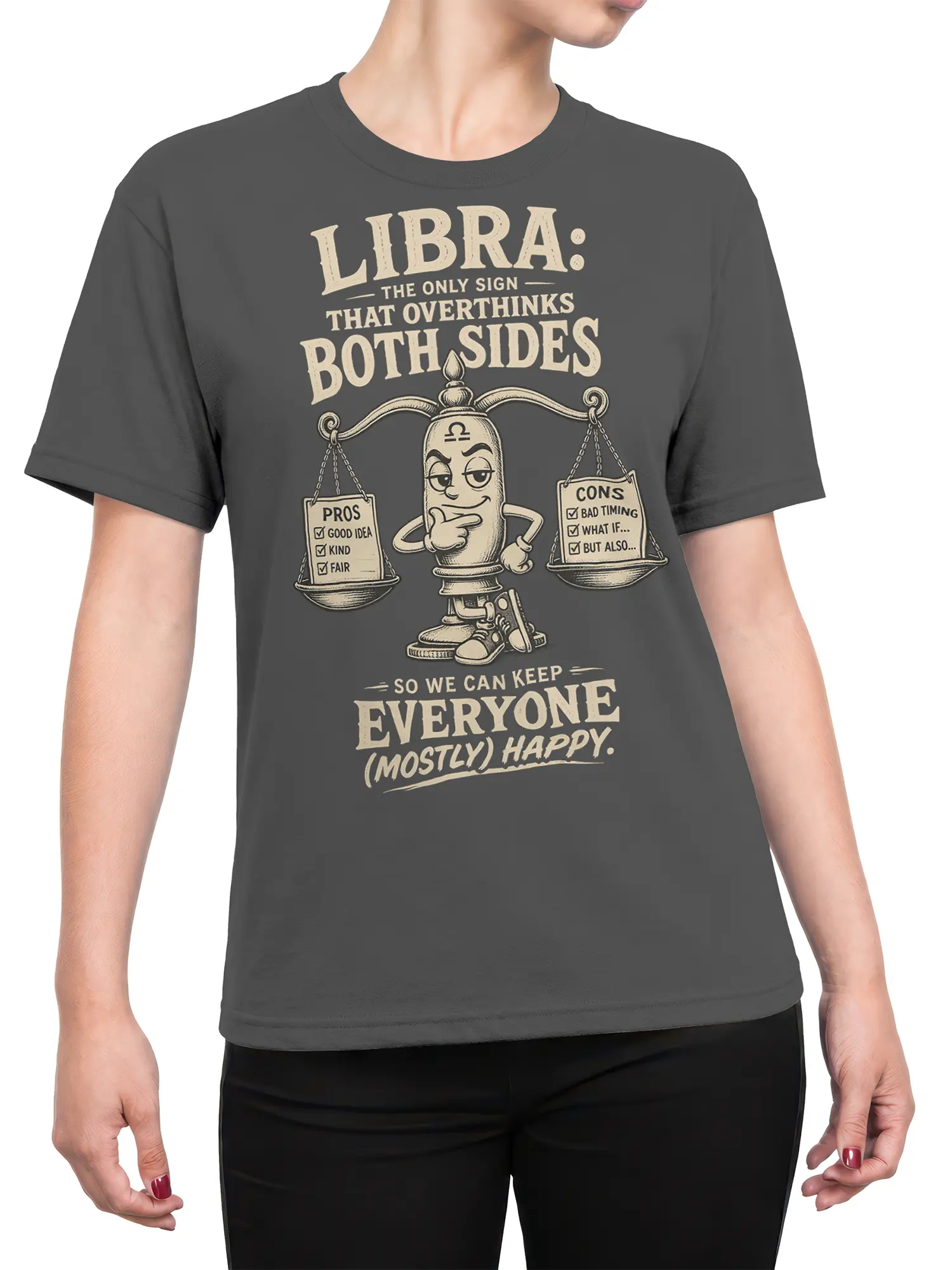 Female torso wearing a gray Libra T-shirt with a balanced scales illustration and overthinking slogan