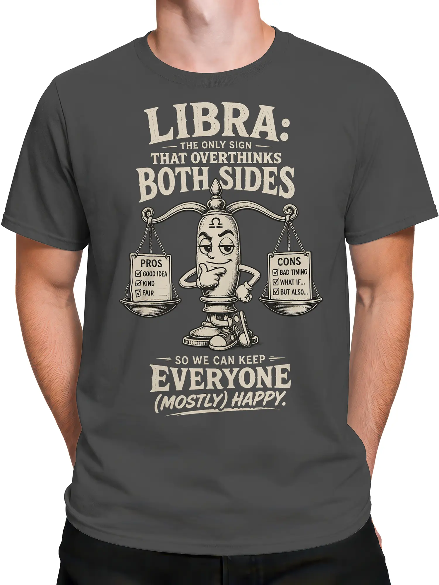 Male torso wearing a gray Libra astrology T-shirt with cream vintage scales artwork
