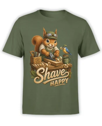 Green shirt with a cheerful squirrel woodworker, blue bird, hand tools, sawdust, coffee, and “Shave Happy” text