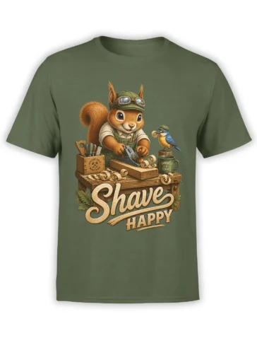 Green shirt with a cheerful squirrel woodworker, blue bird, hand tools, sawdust, coffee, and “Shave Happy” text