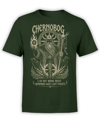 Green Chernobog fantasy T-shirt with ravens, flames, horned skull, staff, and vintage cream artwork