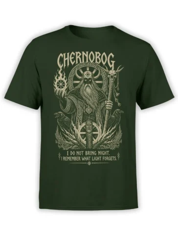 Green Chernobog fantasy T-shirt with ravens, flames, horned skull, staff, and vintage cream artwork