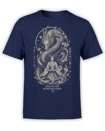 Japanese-inspired dragon and serene woman artwork with blossoms on a navy fantasy T-shirt