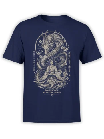 Japanese-inspired dragon and serene woman artwork with blossoms on a navy fantasy T-shirt