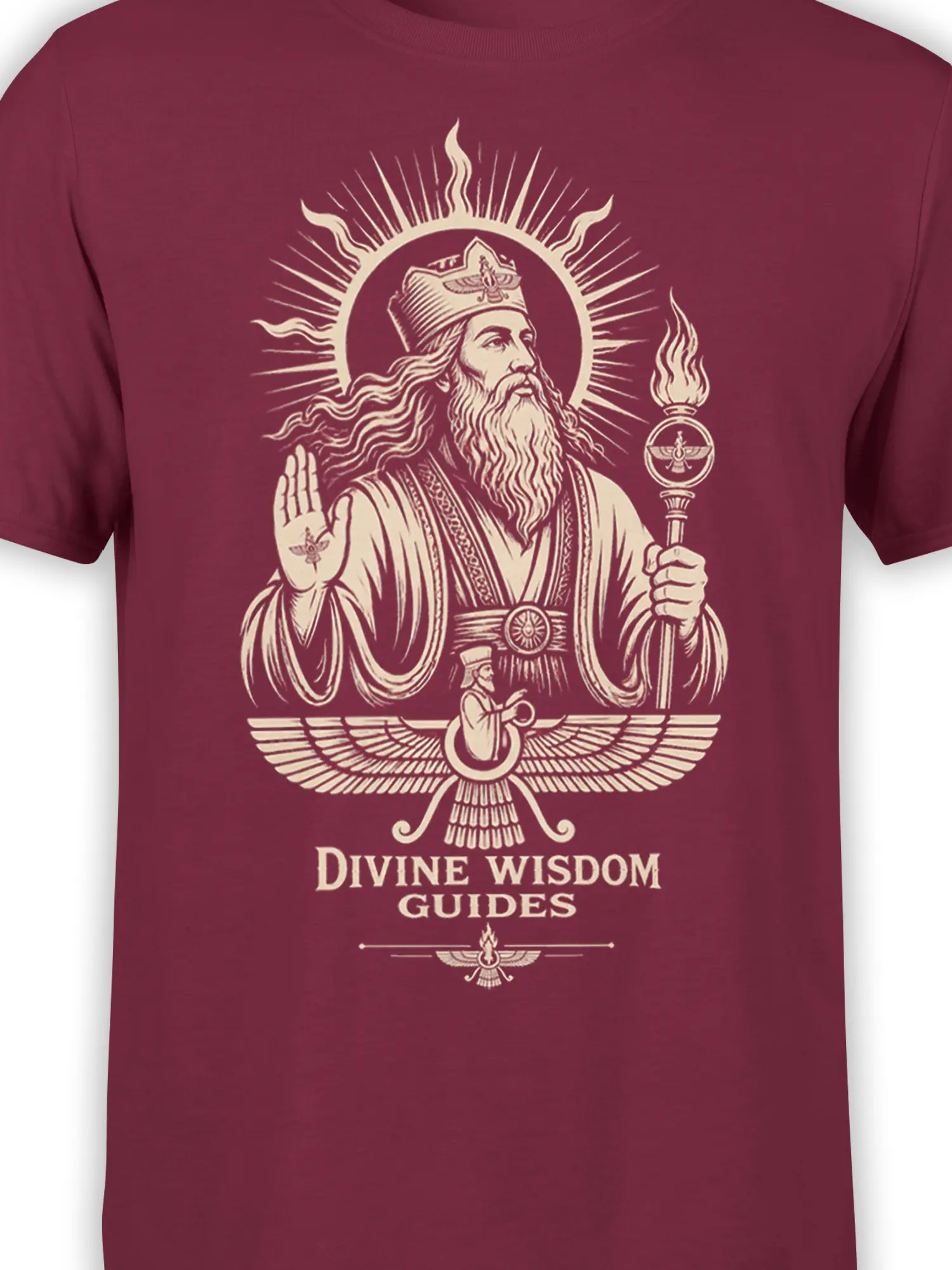 Close-up of cream crowned sage artwork and mystical symbols on burgundy mythology T-shirt