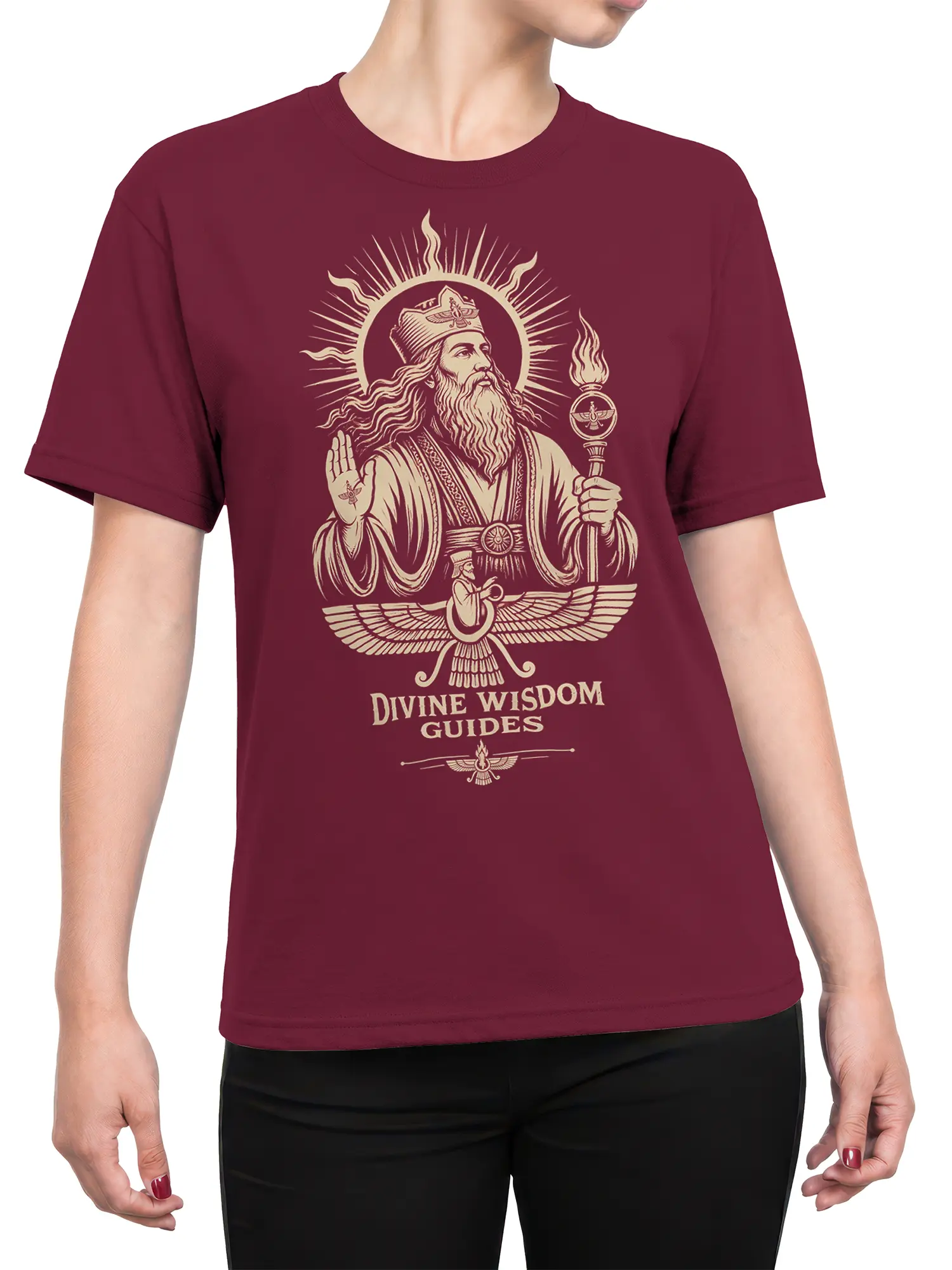 Female torso wearing burgundy T-shirt with cream Divine Wisdom Guides mythology artwork
